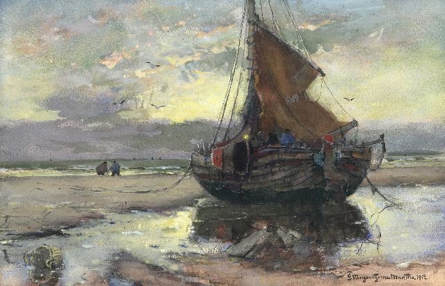 Morgenstjerne Munthe | Bomschuit op het strand, aquarel en gouache op papier, 32,3 x 49,5 cm, gesigneerd r.o. en gedateerd 1912