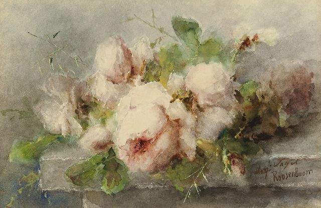 Margaretha Roosenboom | Roze rozen op stenen plint, aquarel en gouache op papier, 35,1 x 53,3 cm, gesigneerd r.o.