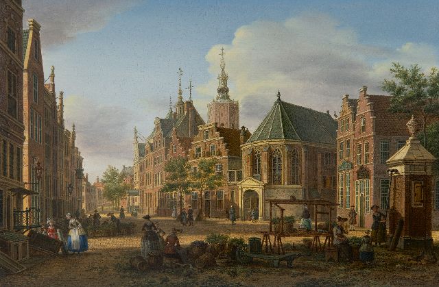 Paulus Constantijn la Fargue | Gezicht op de Haagse Groenmarkt, olieverf op paneel, 22,7 x 34,5 cm, gesigneerd r.o. en te dateren ca. 1770