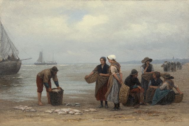 Philip Sadée | Visafslag op het strand van Scheveningen, olieverf op doek, 49,9 x 75,0 cm, gesigneerd r.o.