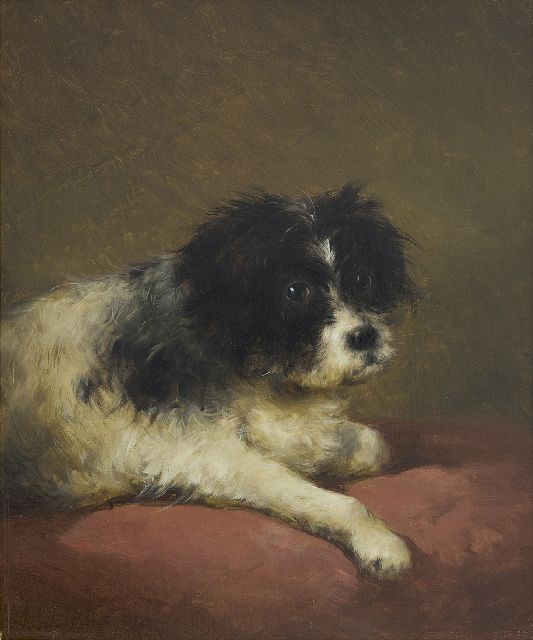 Andreas Schelfhout | Portret van een hondje liggend op een rood kussen, olieverf op paneel, 32,1 x 27,3 cm, gesigneerd l.o. en gedateerd '47