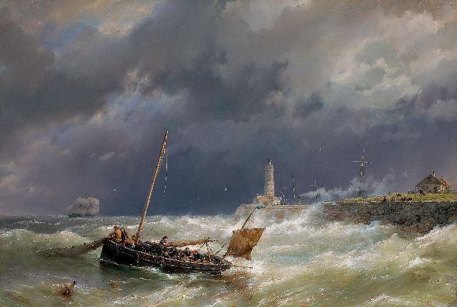 Hermanus Koekkoek | Het binnenhalen van de netten bij stormachtig weer, olieverf op doek, 67,4 x 100,7 cm, gesigneerd l.o.