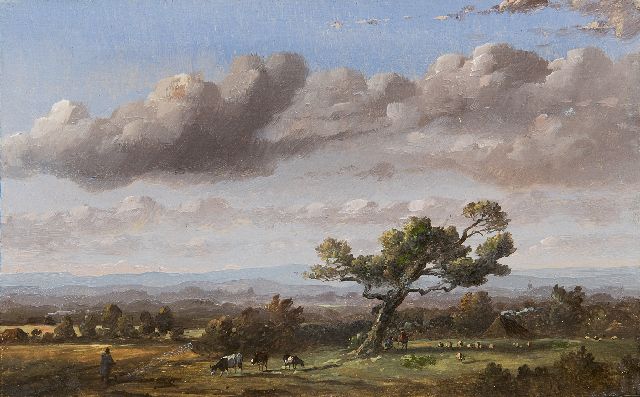 Johannes Tavenraat | Heuvellandschap met grote boom, olieverf op paneel, 10,9 x 17,4 cm, gesigneerd l.o. en gedateerd 1848