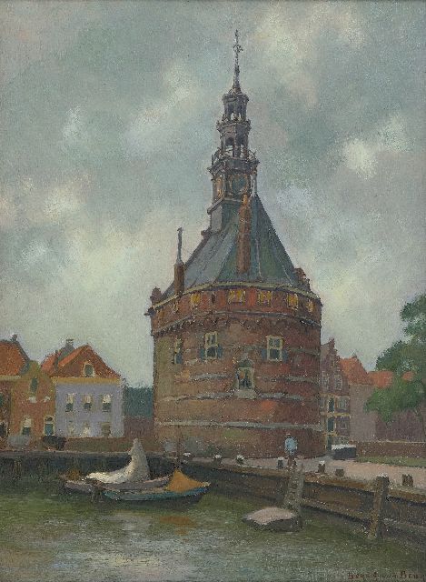 Bernardus Antonie van Beek | Afgemeerde bootjes bij de Hoofdtoren in Hoorn, olieverf op board, 41,0 x 30,0 cm, gesigneerd r.o.
