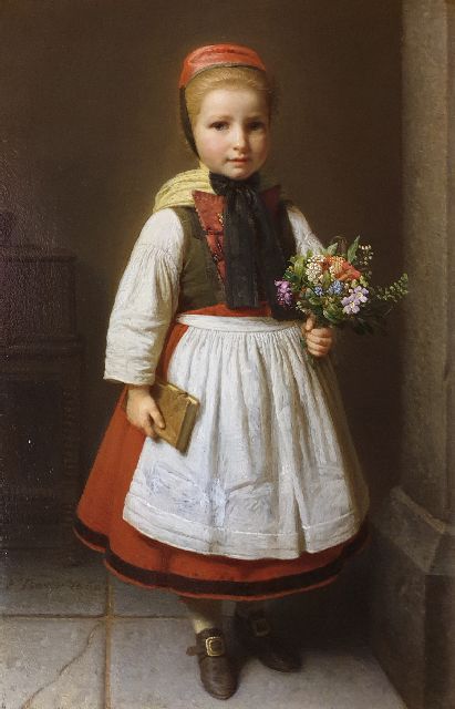 Friedrich Boser | Meisje met bloemenboeketje, olieverf op paneel, 41,8 x 27,1 cm, gesigneerd l.o. en gedateerd 1862