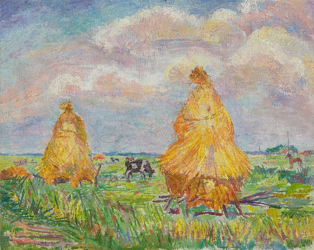 Edith Pijpers | Hooimijten in het veld, olieverf op doek, 36,9 x 45,8 cm