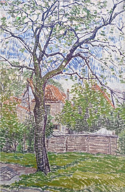 Edith Pijpers | Tuin met appelboom in bloei, olieverf op doek, 54,7 x 36,8 cm