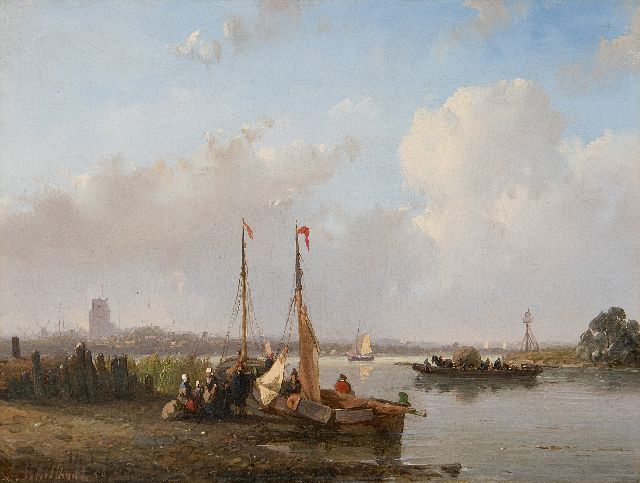 Andreas Schelfhout | Een zomerdag op het water bij Dordrecht, olieverf op paneel, 17,3 x 22,7 cm, gesigneerd l.o. en gedateerd '50