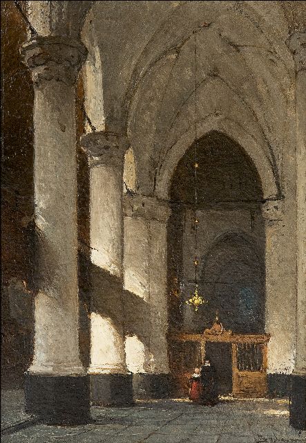 Bosboom J.  | Interieur van de Grote of Sint-Jacobskerk in Den Haag, olieverf op paneel 24,5 x 17,6 cm, gesigneerd r.o.