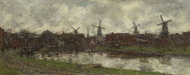 Jacob Maris | De vier windmolens, Schiedam, olieverf op doek, 45,0 x 112,6 cm, gesigneerd l.o.