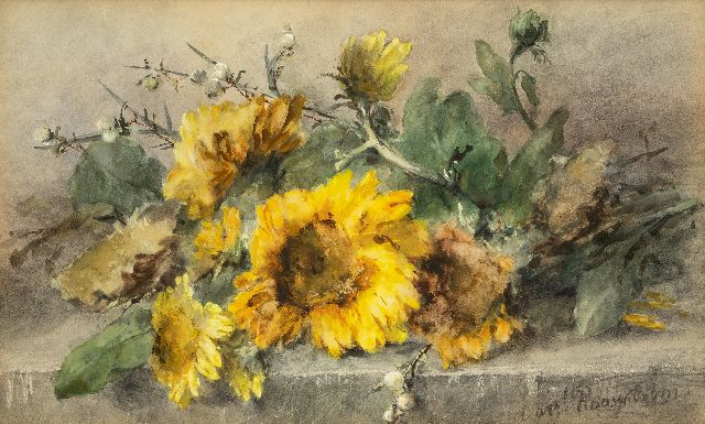 Margaretha Roosenboom | Zonnebloemen op een stenen plint, aquarel op papier, 44,3 x 74,8 cm, gesigneerd r.o.