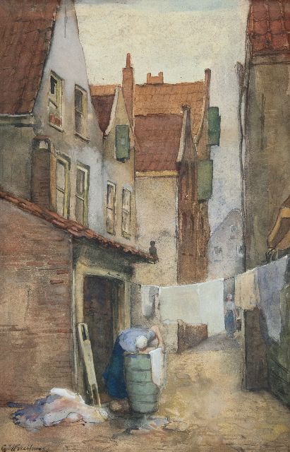 George Hendrik Breitner | Rotterdams steegje met wasvrouw, aquarel op papier, 39,1 x 25,7 cm, gesigneerd l.o. en gedateerd '80