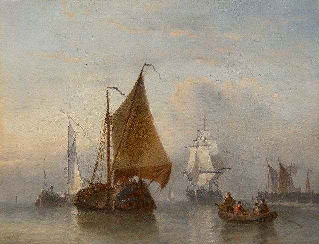 George Willem Opdenhoff | Schepen op kalme zee bij een havenhoofd, olieverf op paneel, 27,9 x 36,2 cm, gesigneerd l.o.