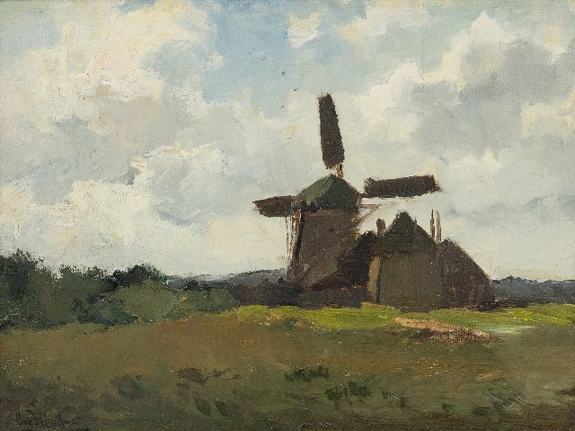 Chris van der Windt | Landschap met poldermolen, olieverf op doek op paneel, 22,3 x 28,2 cm, gesigneerd l.o.