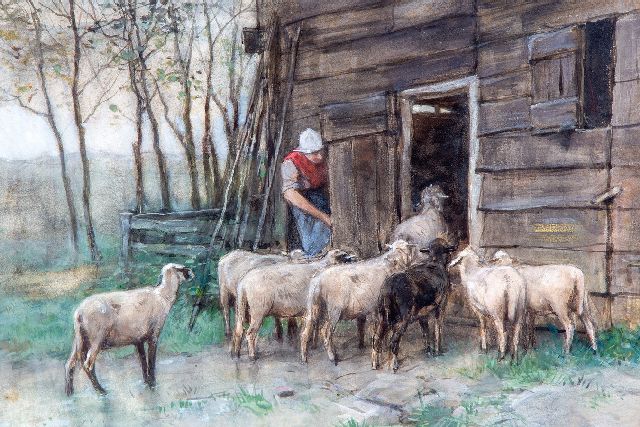 Anton Mauve | Thuiskomst der schapen, aquarel op papier, 33,8 x 47,2 cm, gesigneerd r.o.