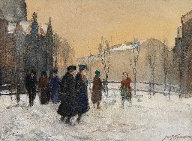 Jac. J. Koeman | Figuren in de sneeuw, Amsterdam, aquarel op papier, 19,2 x 25,4 cm, gesigneerd r.o.