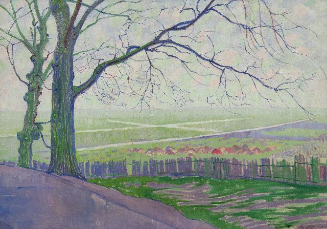 Wim Schuhmacher | Landschap bij Hillegersberg met bomen op de voorgrond, olieverf op doek, 56,5 x 80,7 cm, gesigneerd r.o. en gedateerd 1915