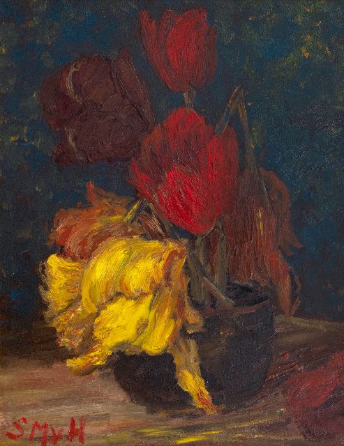 Sientje Mesdag-van Houten | Tulpen in een pot, olieverf op paneel, 36,1 x 27,3 cm, gesigneerd l.o. met initialen
