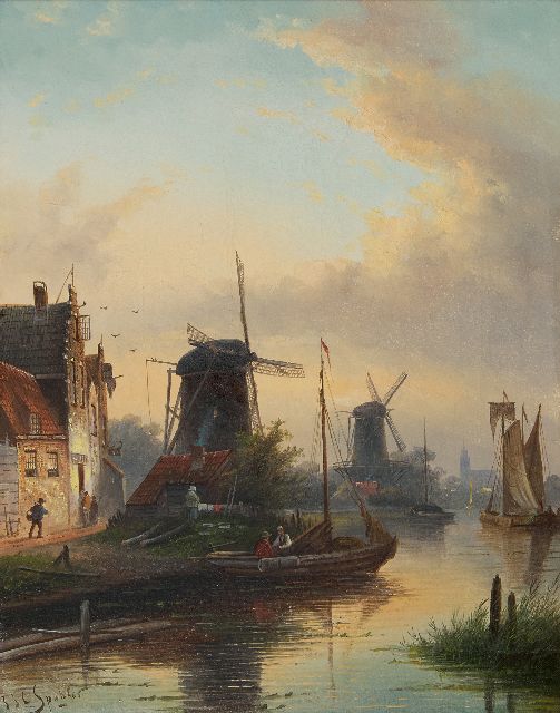 Jacob Jan Coenraad Spohler | Zomers riviergezicht met molens, olieverf op doek, 44,5 x 35,5 cm, gesigneerd l.o.