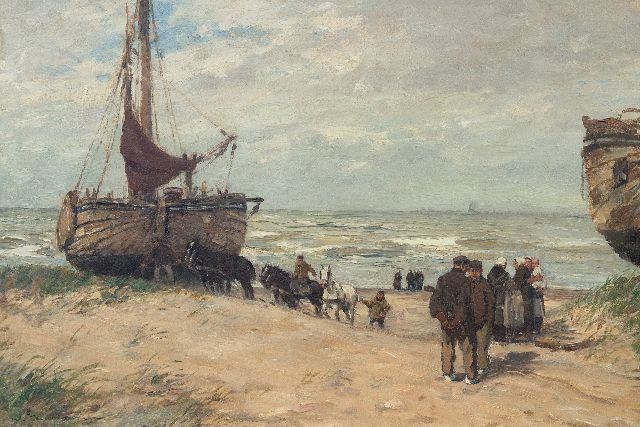 Wilhem Hambüchen | Bommen en vissersvolk op het strand van Katwijk, olieverf op doek, 50,0 x 75,0 cm, gesigneerd l.o.