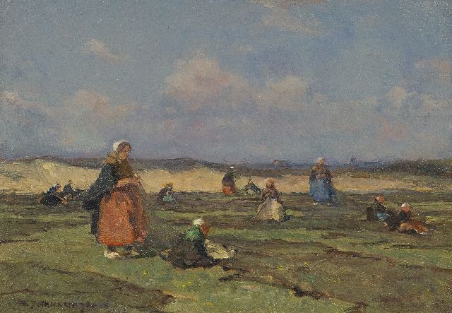 Johannes Evert Akkeringa | Nettenboetsters in de duinen, olieverf op paneel, 17,2 x 24,3 cm, gesigneerd l.o.