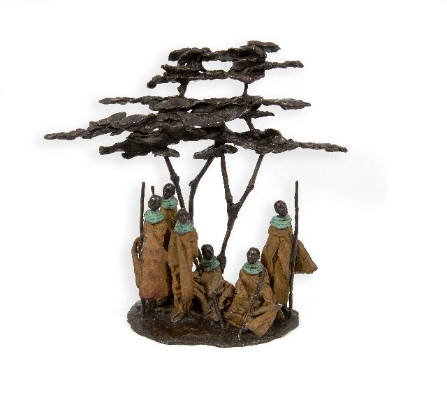 Houtkamp M.  | Massai onder een Flame Tree, brons 40,0 cm, gesigneerd op basis met monogram