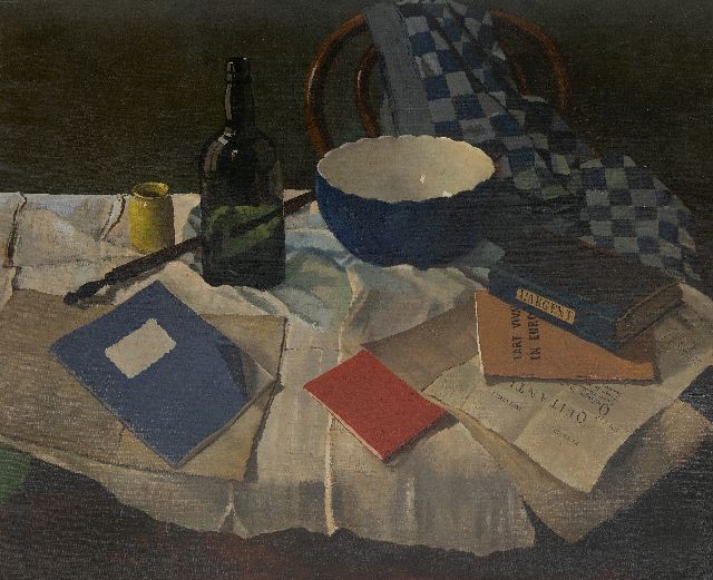 Lucas Verkoren | Stilleven met fles, kom en boeken, olieverf op doek, 75,7 x 91,5 cm, gesigneerd r.m. en gedateerd 1955