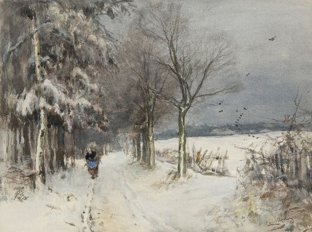 Apol L.F.H.  | Sneeuwlandschap met houtsprokkelaarster, aquarel en gouache op papier 40,1 x 53,1 cm, gesigneerd r.o.