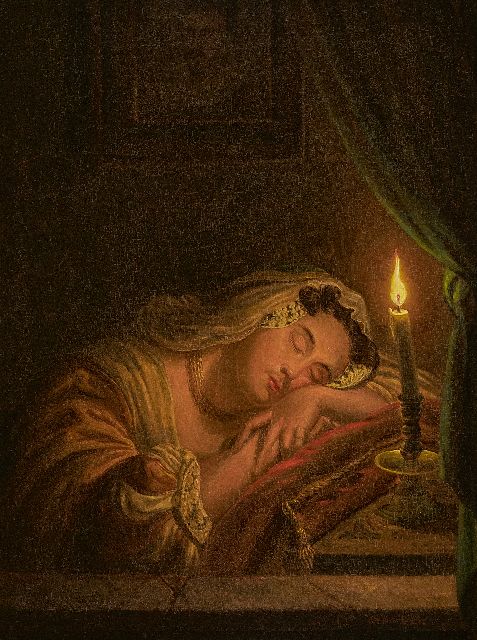 Willem Thans | Slapende vrouw bij kaarslicht, olieverf op paneel, 25,6 x 20,2 cm, gesigneerd r.o. en gedateerd 1845