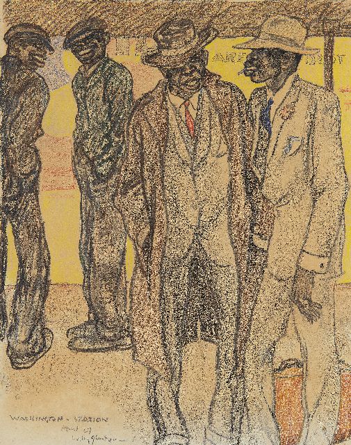 Willy Sluiter | Op het perron, Washington Station, zwart en gekleurd krijt op papier, 46,5 x 36,6 cm, gesigneerd l.o. en gedateerd April '27