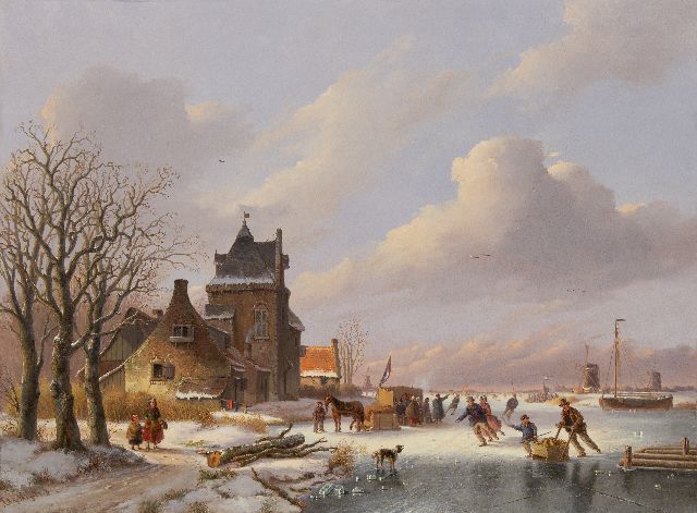 Anthony Andreas de Meijier | Wintergezicht met schaatsers en koek-en-zopietent, olieverf op paneel, 53,5 x 72,9 cm, gesigneerd l.o.