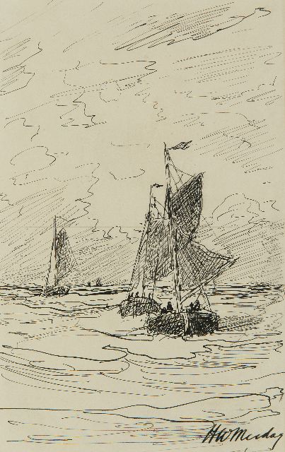 Hendrik Willem Mesdag | Bomschuiten op zee, pen en inkt op papier, 20,7 x 13,0 cm, gesigneerd r.o.