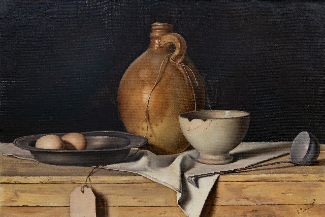 Johan Ponsioen | Stilleven met eieren, witte kom en aardewerken kruik, olieverf op doek, 40,3 x 60,3 cm, gesigneerd r.o.