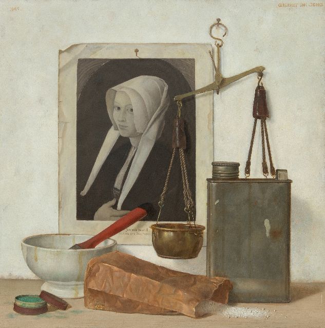 Gerrit de Jong | Stilleven met witte kom, weegschaal en afbeelding van schilderij van Jan van Scorel, olieverf op doek, 50,3 x 50,3 cm, gesigneerd r.b. en gedateerd 1944