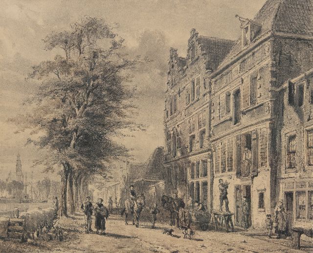 Cornelis Springer | De Doelenkade te Hoorn bij zomer, houtskool op papier, 51,2 x 63,5 cm, gesigneerd l.o. en gedateerd 29 nov. '74