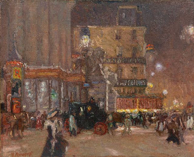 Maurits Niekerk | Uitgaansavond op de Place de la Bourse in Brussel, olieverf op doek op paneel, 55,9 x 70,0 cm, gesigneerd l.o. en te dateren ca. 1903-1908