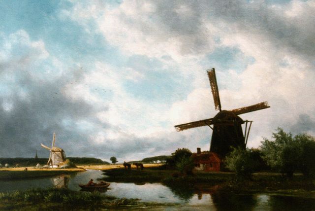 Willem Roelofs | Polderlandschap met molens, olieverf op doek, 68,5 x 99,5 cm, gesigneerd l.o.