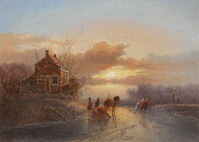 Jan Evert Morel II | Paardenslee en schaatsers bij zonsondergang, olieverf op paneel, 20,2 x 28,5 cm, gesigneerd r.o.