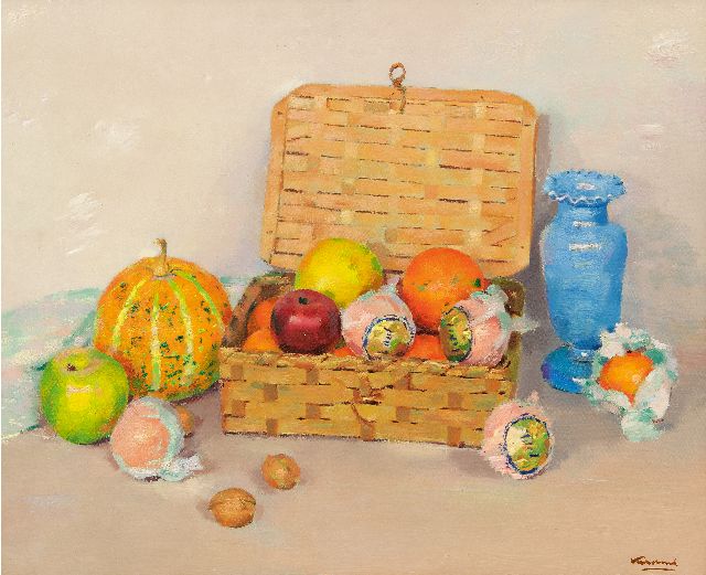 Frits Verdonk | Stilleven met fruitmandje, olieverf op doek op board, 46,0 x 56,0 cm, gesigneerd r.o.