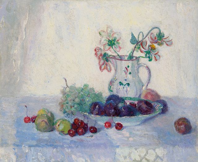 Maurits Niekerk | Stilleven met fruit en kan met bloemen, olieverf op doek, 46,1 x 55,4 cm, gesigneerd l.o. op doekomslag