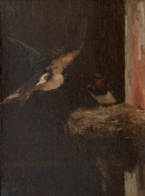 Cornelis Samuel Stortenbeker | Nestelende zwaluwen, olieverf op doek, 46,6 x 34,7 cm, gesigneerd l.o. met initialen
