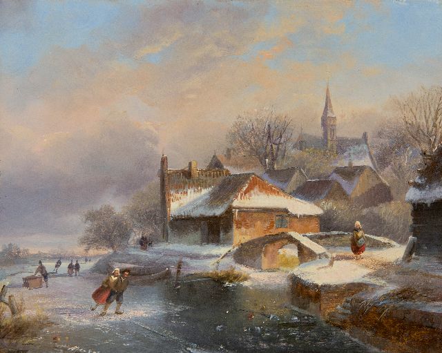 Nicolaas Roosenboom | Schaatsers bij een besneeuwd dorpje, olieverf op paneel, 18,5 x 23,0 cm, gesigneerd m.o.