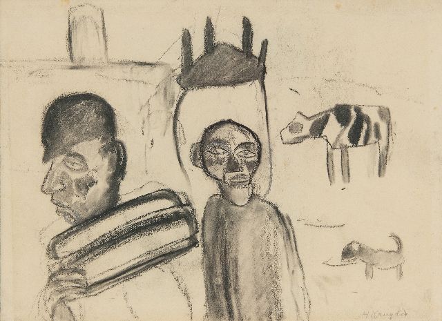 Herman Kruyder | Twee mannen met koe en hond, houtskool op papier, 19,1 x 26,1 cm, gesigneerd r.o. en te dateren ca. 1920