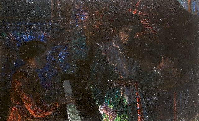 Harm Kamerlingh Onnes | Musicerende zusters van de schilder, olieverf op doek, 100,3 x 160,4 cm, gesigneerd r.o. met monogram en te dateren ca. 1923