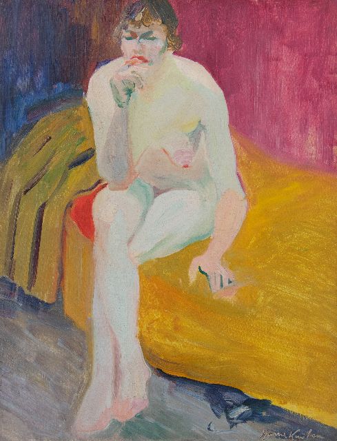 Harrie Kuijten | Vrouwelijk naakt zittend op een bank, olieverf op doek, 53,0 x 40,7 cm, gesigneerd r.o.