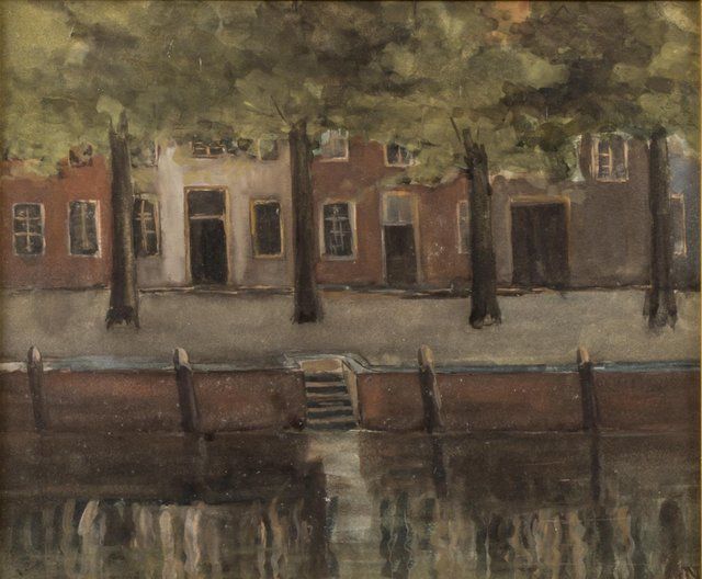 Jakob Nieweg | Stadskade met weerspiegeling van huizen in het water, aquarel op papier, 27,0 x 32,0 cm, gesigneerd r.o. met monogram