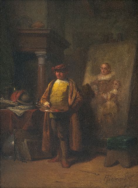 Scheeres H.J.  | Rembrandt in zijn atelier, olieverf op paneel 20,5 x 15,0 cm, gesigneerd r.o. en gedateerd '57