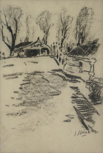 Jan Altink | Café bij de brug in Steentil (behoort bij gouache uit 1956 inv.nr. 20733), houtskool op papier, 48,5 x 33,5 cm, gesigneerd r.o. en te dateren ca. '56
