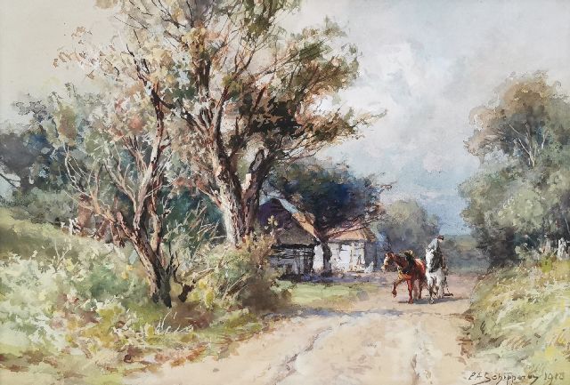 Schipperus P.A.  | Boer met trekpaarden op een bospad, aquarel op papier 24,5 x 35,0 cm, gesigneerd r.o. en gedateerd 1918