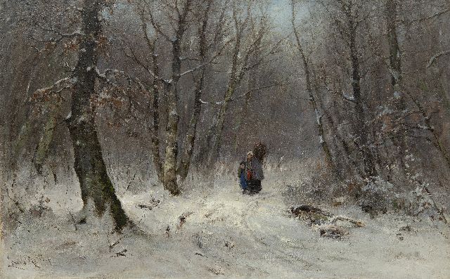 Louis Apol | Houtsprokkelaars in besneeuwd bos, olieverf op doek, 45,8 x 70,7 cm, gesigneerd l.o. en te dateren 1873-1875